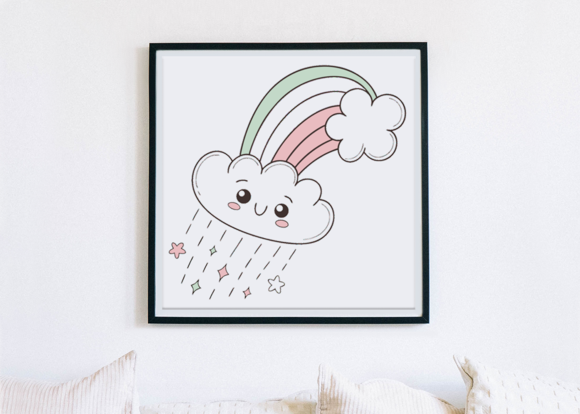 Cadre affichant un nuage kawaii souriant avec un arc-en-ciel dans un style enchanteur