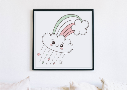 Cadre affichant un nuage kawaii souriant avec un arc-en-ciel dans un style enchanteur