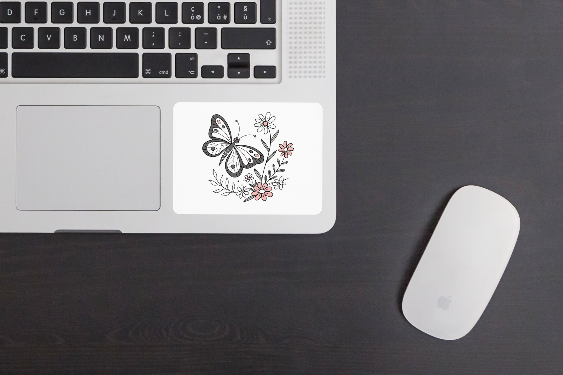 Sticker avec papillon pastel parmi des fleurs printanières graphiques lumineux