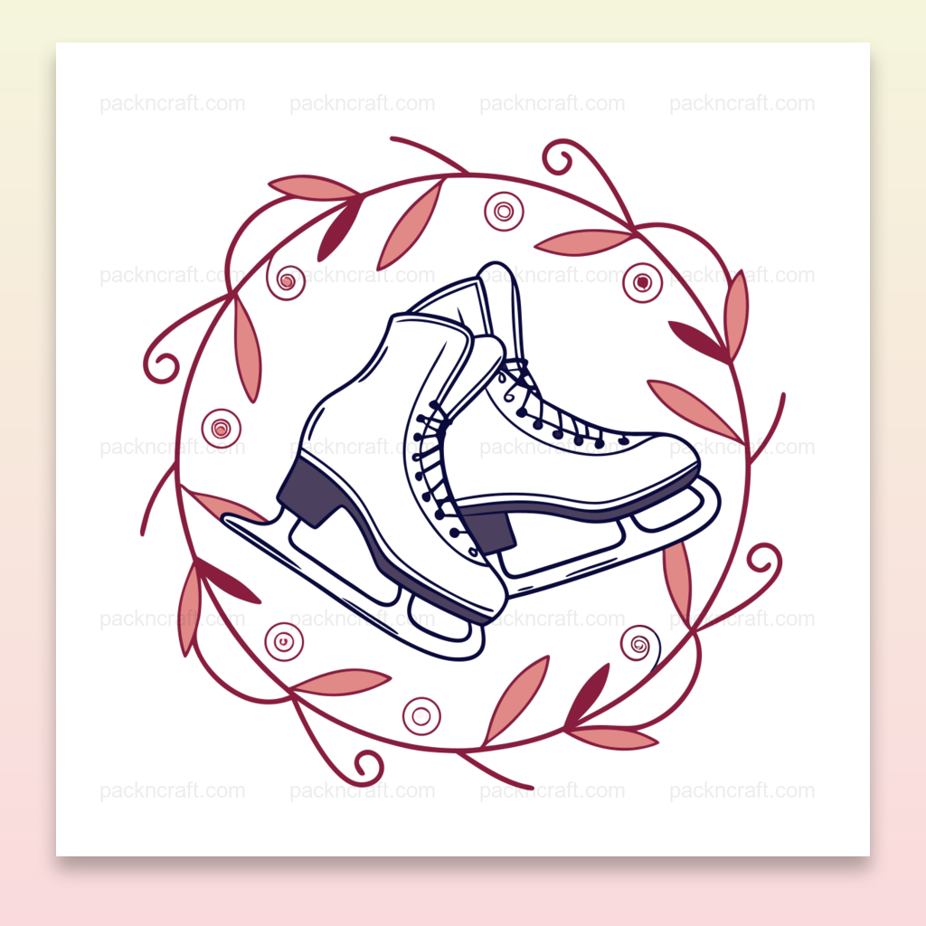 Illustration élégante de patins à glace encadrés de vignes pour décoration et usages créatifs.