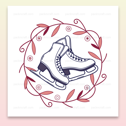 Illustration élégante de patins à glace encadrés de vignes pour décoration et usages créatifs.