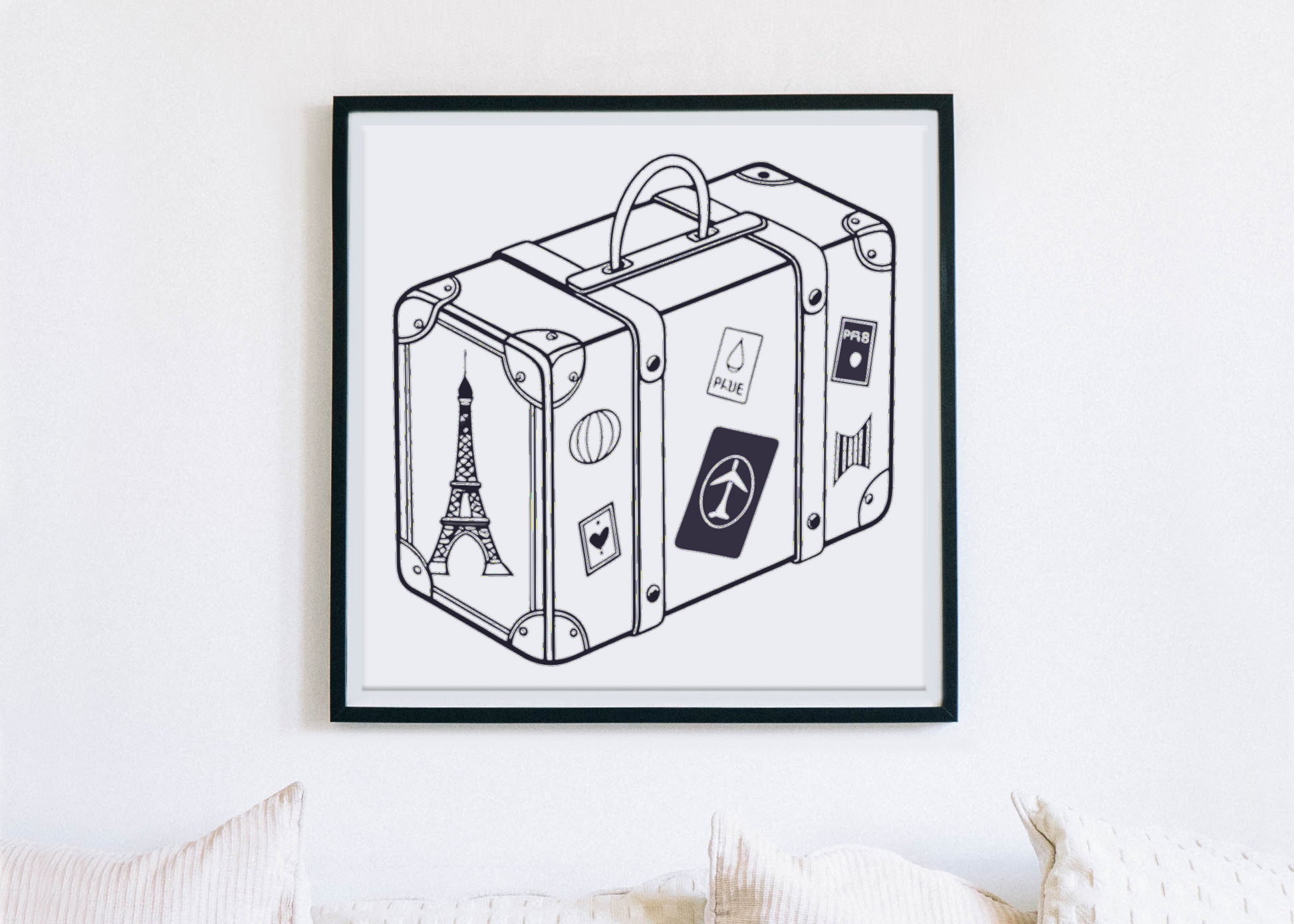 Cadre décoratif avec iconographie voyage, valise et style vectoriel élégant