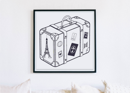 Cadre décoratif avec iconographie voyage, valise et style vectoriel élégant