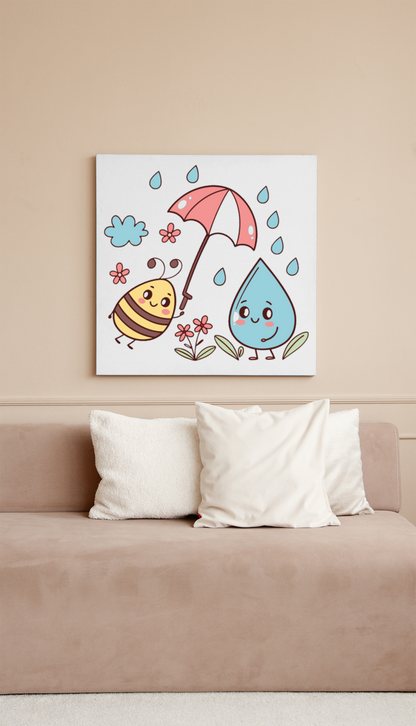 Cadre avec abeille joyeuse sous la pluie dans des tons pastel printaniers