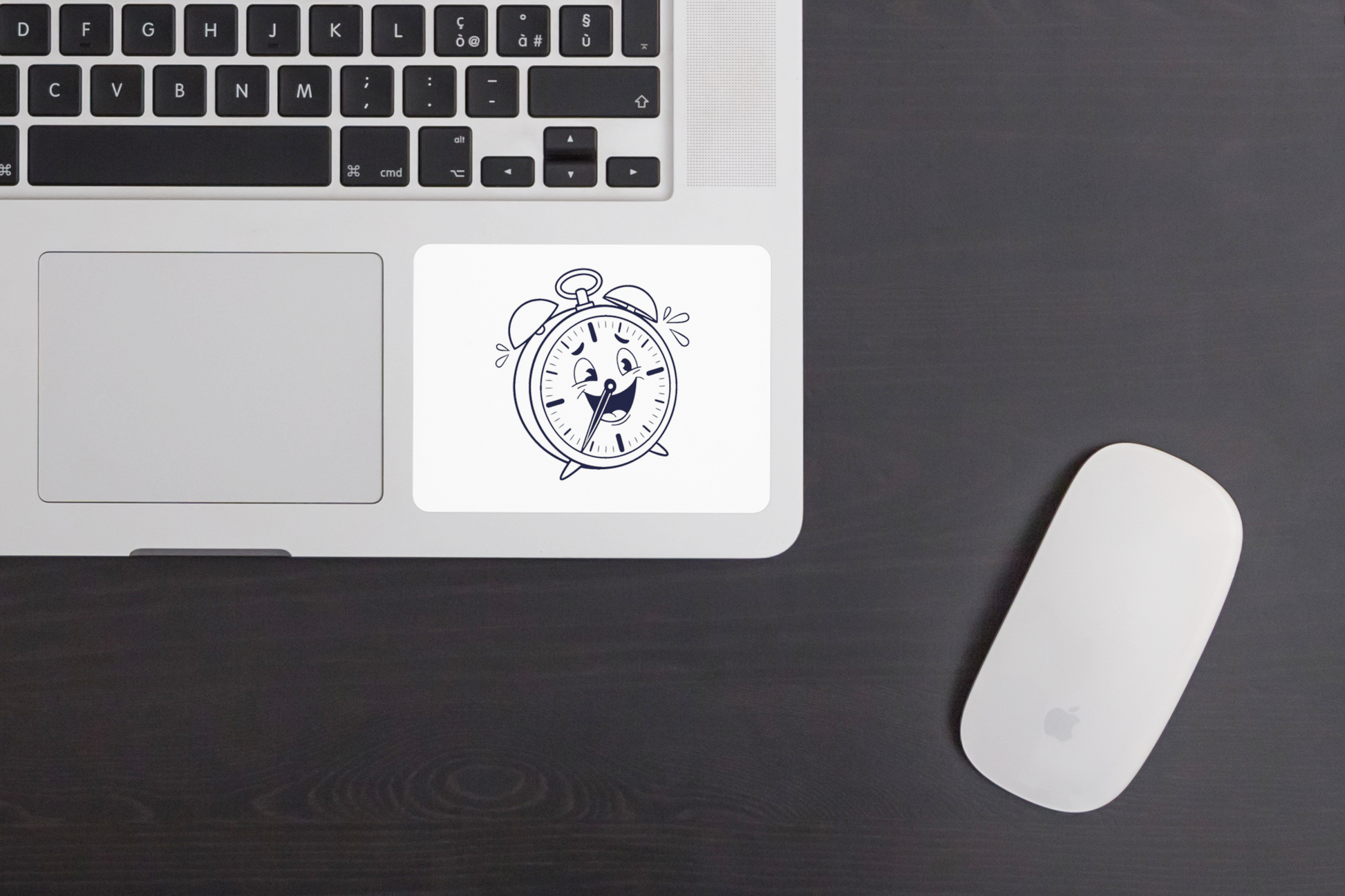 Un sticker humoristique avec un réveil cartoon clignotant sur fond blanc