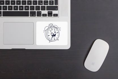 Un sticker humoristique avec un réveil cartoon clignotant sur fond blanc