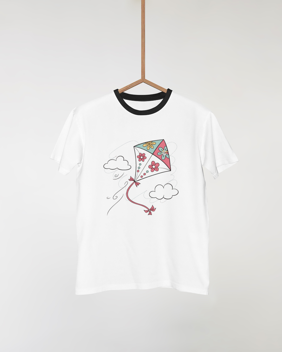T-shirt dynamique avec cerf-volant fleuri, art digital évoquant le printemps
