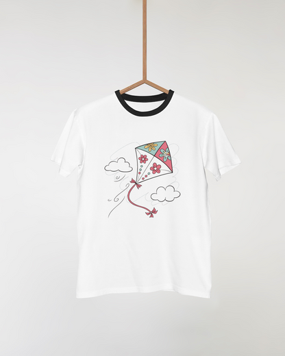 T-shirt dynamique avec cerf-volant fleuri, art digital évoquant le printemps