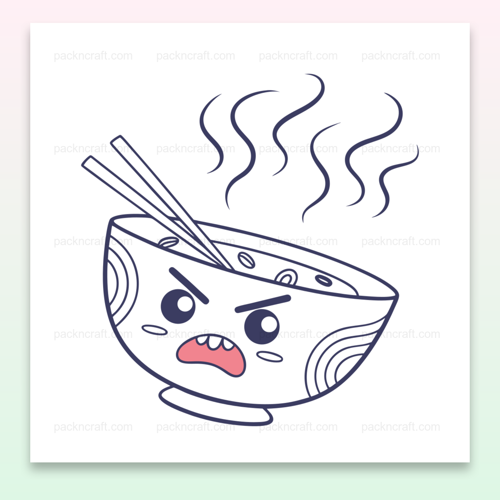 Illustration numérique d'un bol de ramen furieux, idéale pour stickers et papeterie.