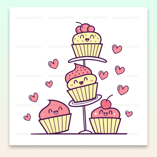 Tour de cupcakes kawaii, illustration colorée et mignonne pour décorations.