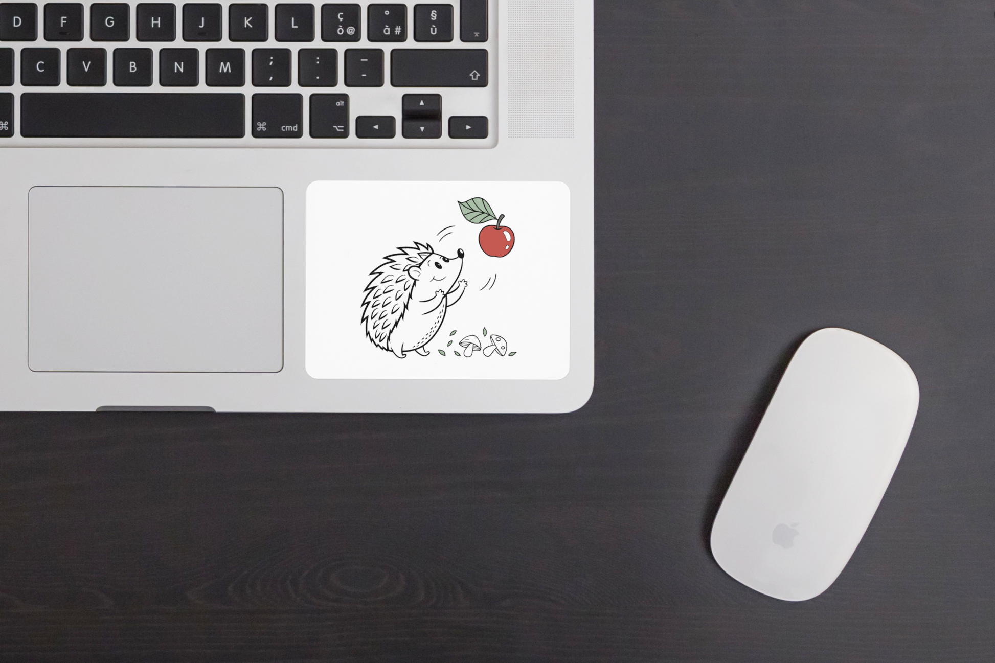 Sticker nature hérisson joyeux attrapant une pomme doodle décoratif