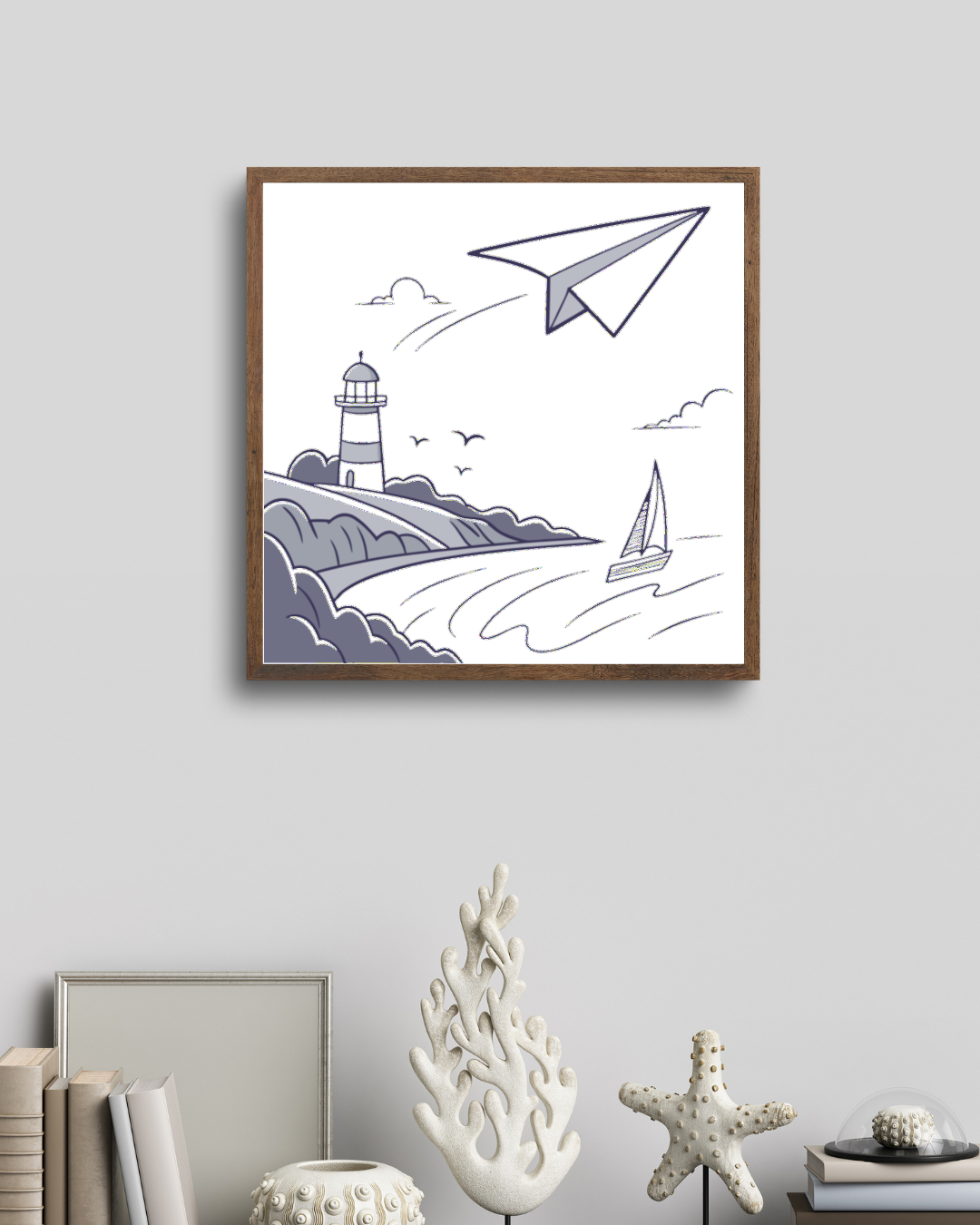 Cadre avec une scène marine minimaliste montrant un planeur survolant un phare