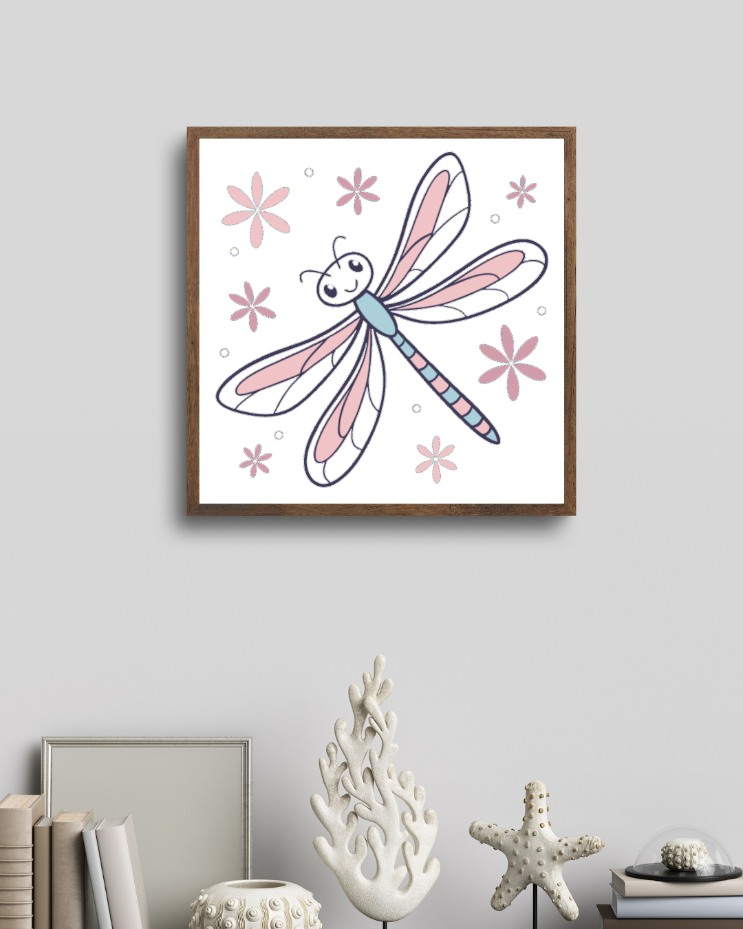 Cadre décoratif avec libellule joyeuse en pastel sur fond nature apaisant