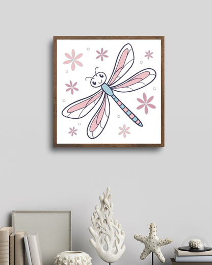 Cadre décoratif avec libellule joyeuse en pastel sur fond nature apaisant