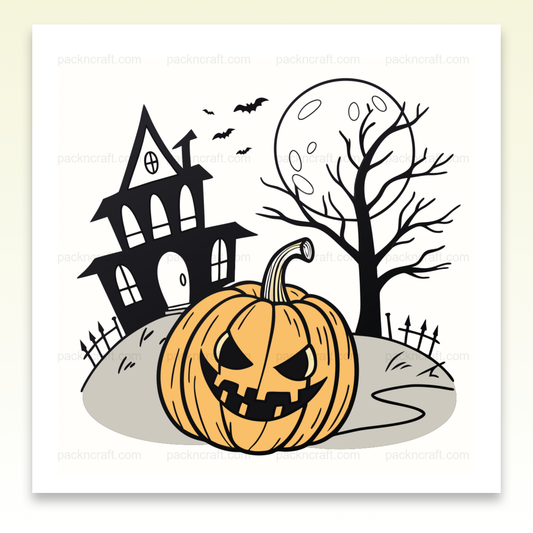 Illustration numérique de citrouille sinistre avec manoir hanté pour Halloween, utilisable en DIY et déco.