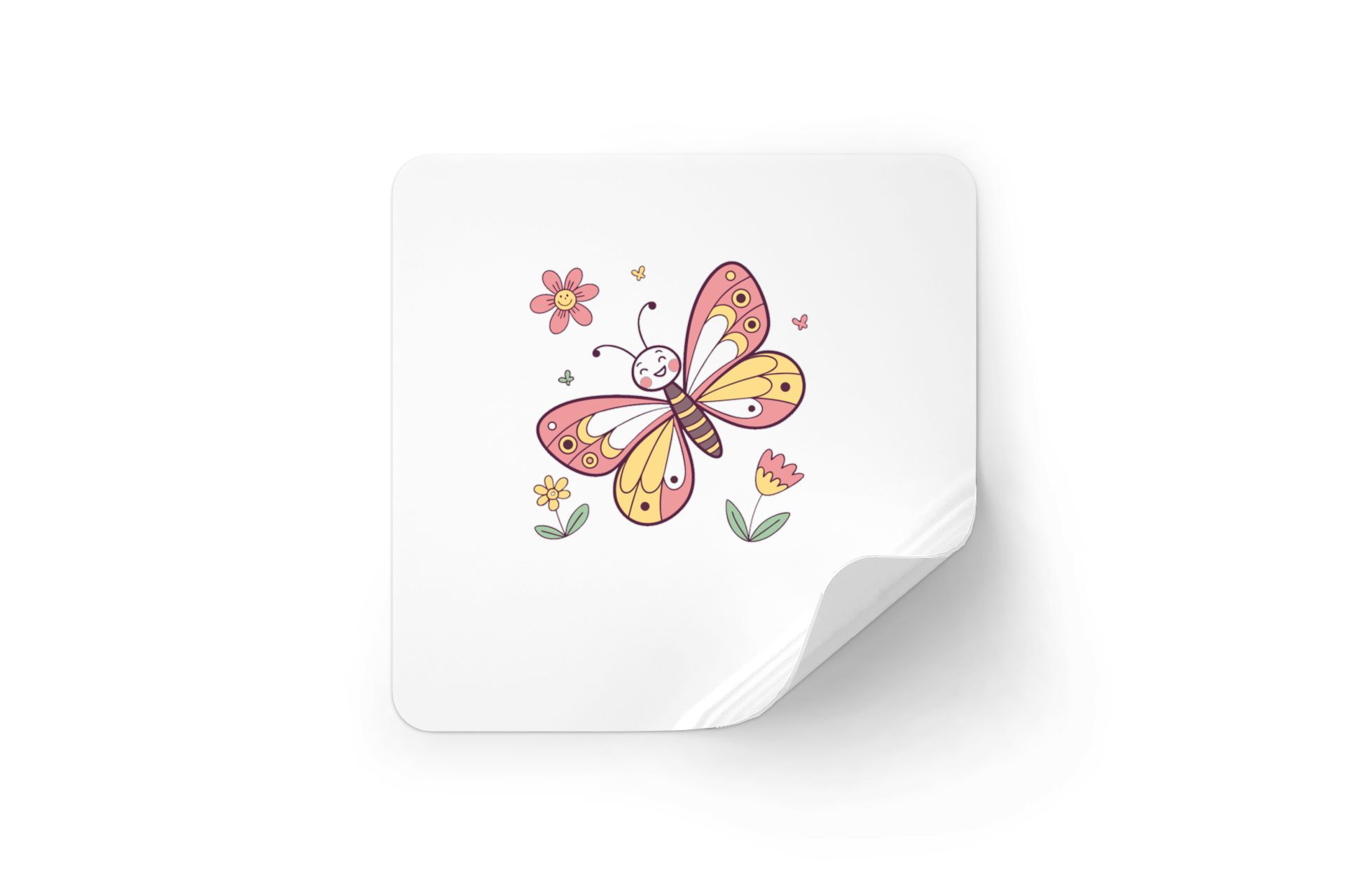 Sticker printanier avec papillon joyeux style doodle dans un jardin coloré