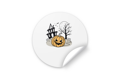 Sticker avec citrouille sinistre et manoir ambiance Halloween immersive