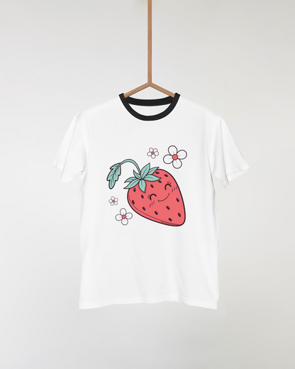 T-shirt avec icône fraise souriante style doodle dans un cadre fleuri