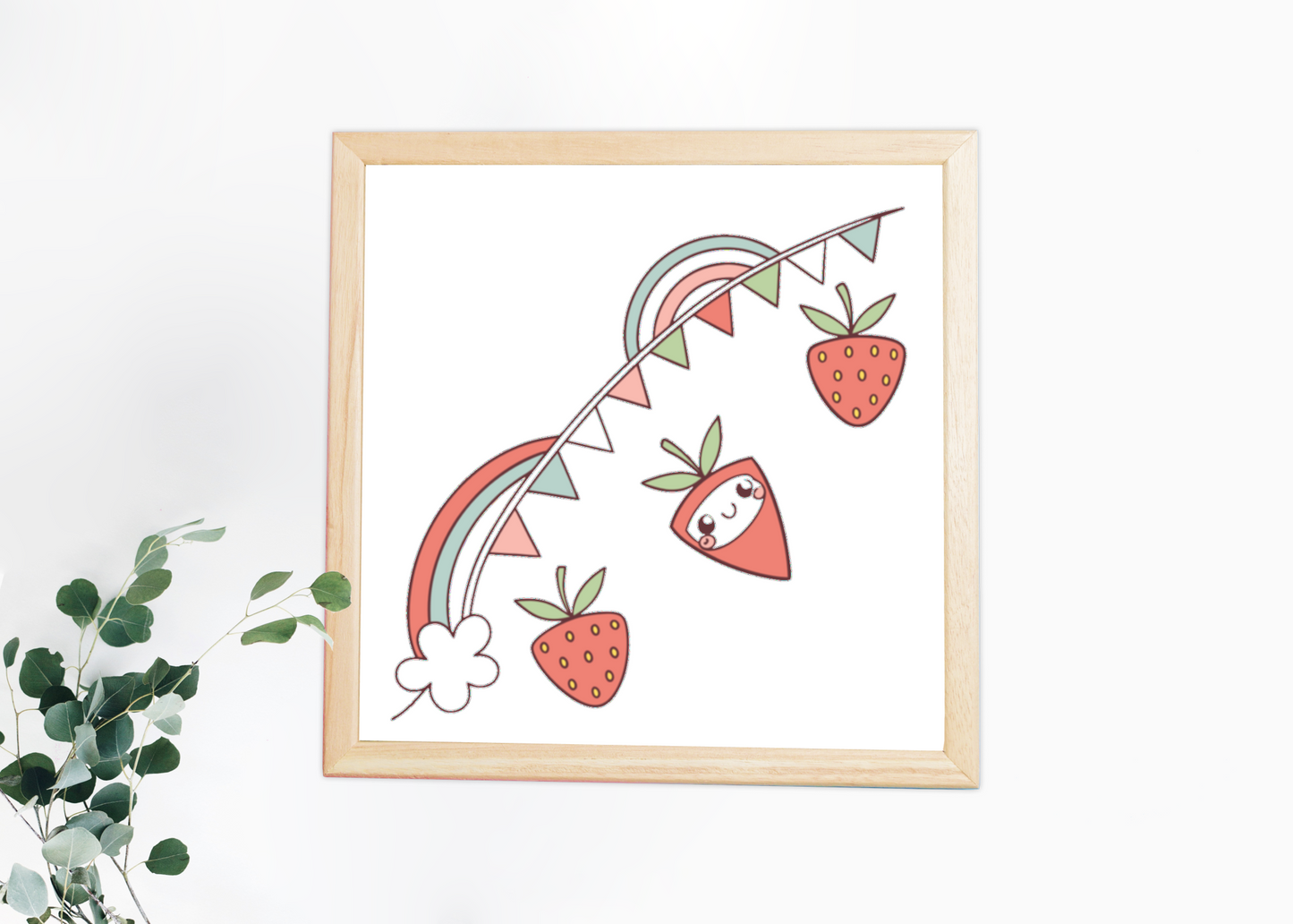 Cadre avec visuel joyeux de fraises et arc-en-ciel, style décoratif coloré