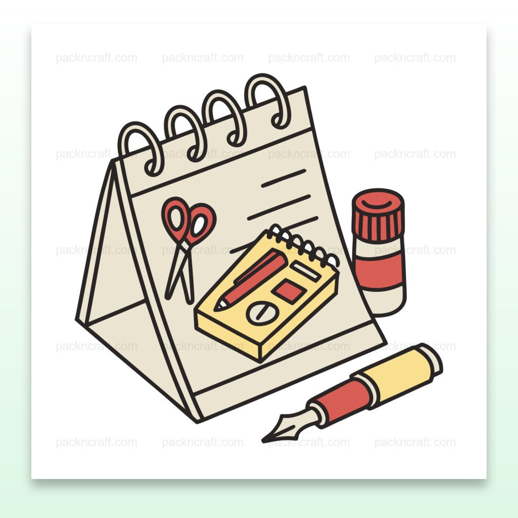 Illustration d'un bloc-notes créatif avec du matériel artistique, pour projets DIY et éducatifs.