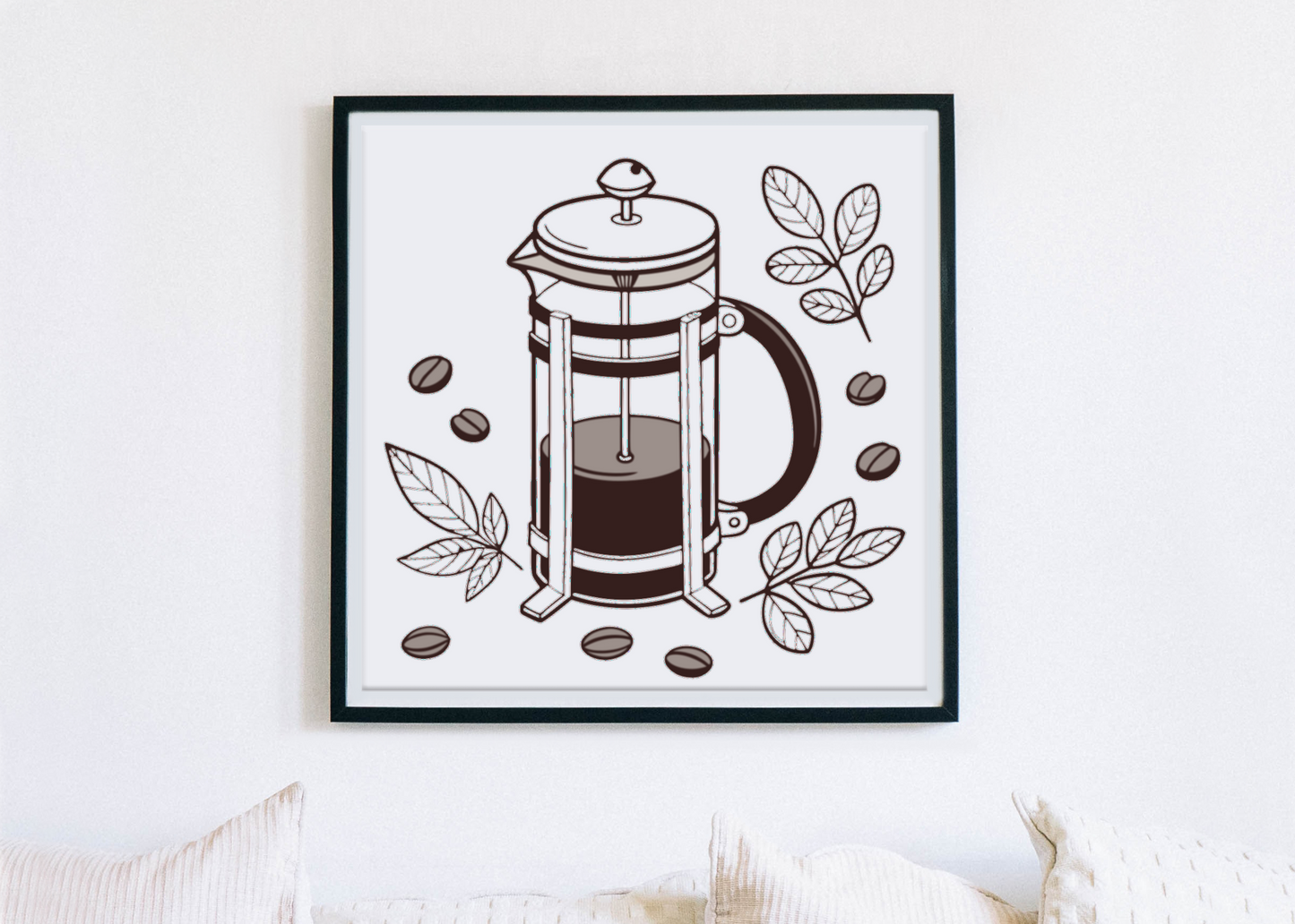 Cadre moderne avec cafetière à piston, style minimaliste, pour déco ambiance café