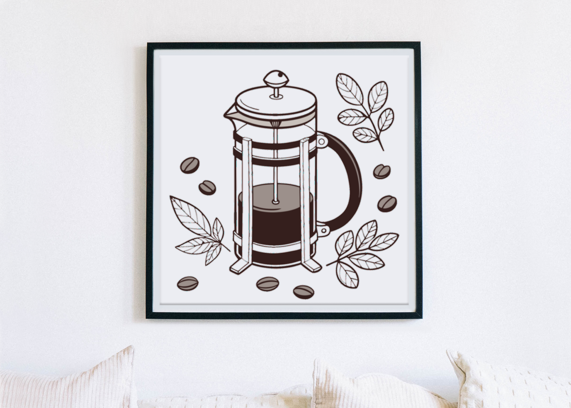 Cadre moderne avec cafetière à piston, style minimaliste, pour déco ambiance café