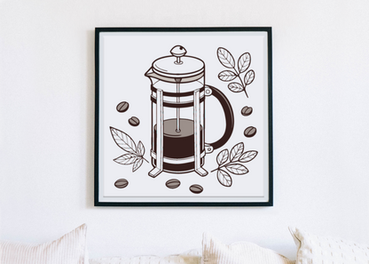 Cadre moderne avec cafetière à piston, style minimaliste, pour déco ambiance café