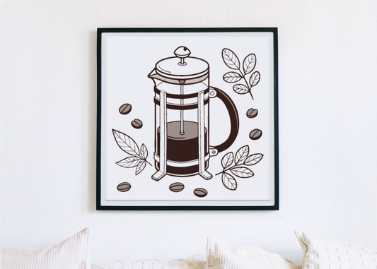 Cadre moderne avec cafetière à piston, style minimaliste, pour déco ambiance café