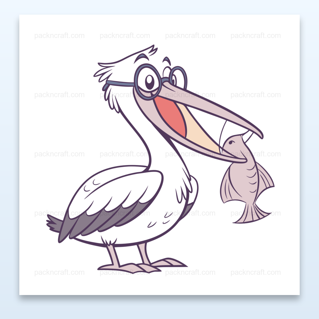 Pélican joyeux attrapant un poisson en style cartoon, parfait pour projets créatifs.