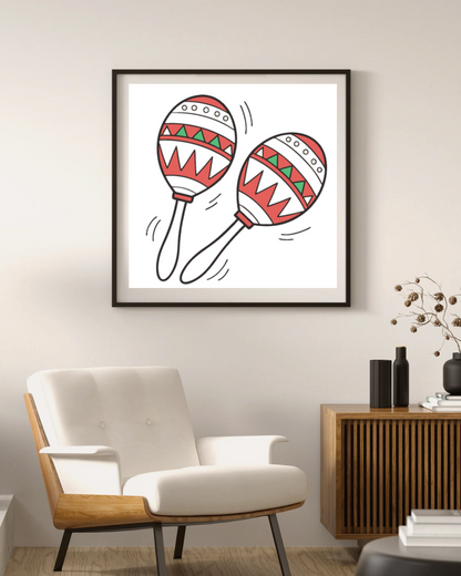 Cadre avec maracas colorées en style flat vibrant dans un thème musical
