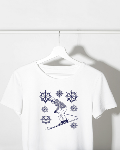 T-shirt imprimé avec un skieur dynamique en style vectoriel artistique thème hiver