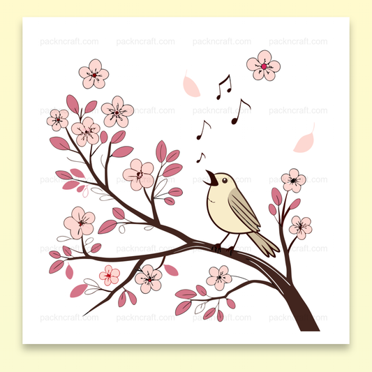 Illustration vectorielle d'un oiseau chantant sur branche fleurie, style pastel pour déco printanière.