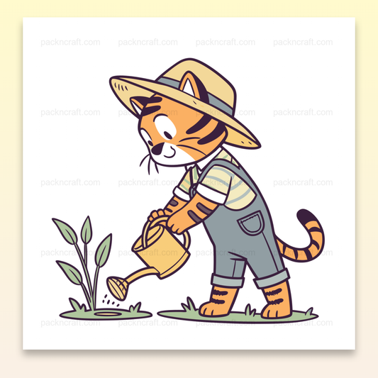 Illustration d'un tigre jardinier mignon arrosant une plante. Fichier numérique SVG idéal pour DIY et déco.