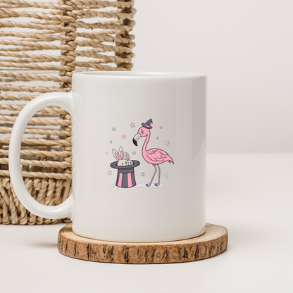 Un mug orné d'un flamant rose magique et de lapins mystiques au style pastel