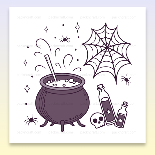 Illustration SVG de chaudron bouillonnant avec toiles d'araignée pour Halloween, utilisable pour stickers et déco.