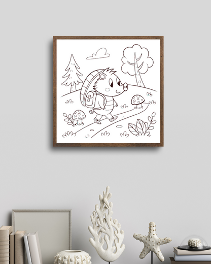 Cadre bois élégant avec hérisson randonneur joyeux et dessin forêt欢乐
