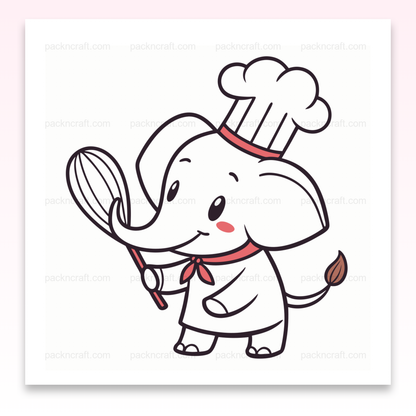 Illustration kawaii d'un éléphant chef joyeux avec fouet pour projets créatifs.