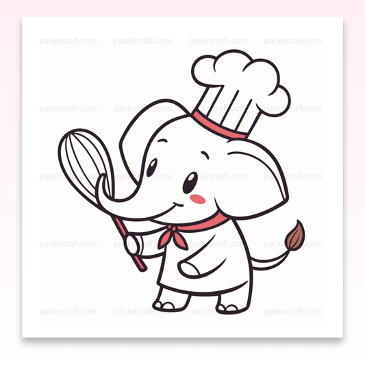 Illustration kawaii d'un éléphant chef joyeux avec fouet pour projets créatifs.