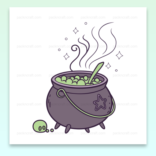 Illustration d'un chaudron magique fumant pour Halloween, style doodle mystique, utilisable pour décoration et projets créatifs.