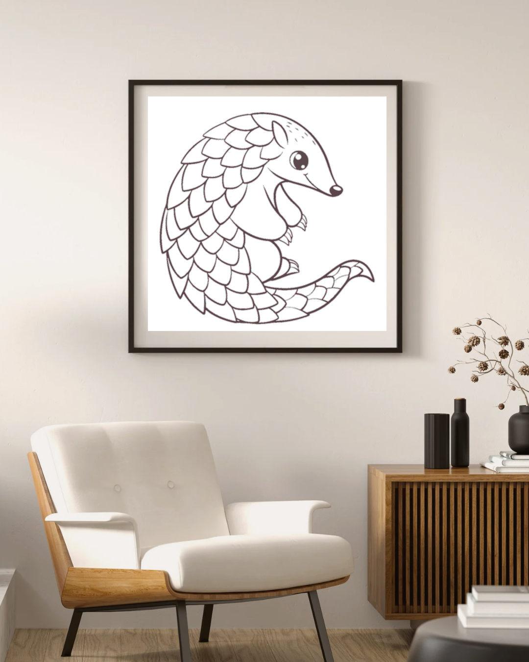 Cadre moderne avec art minimaliste de pangolin curieux en style sauvage