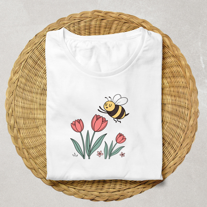 T-shirt orné d'une abeille joyeuse et tulipes style pastel pour un look printanier