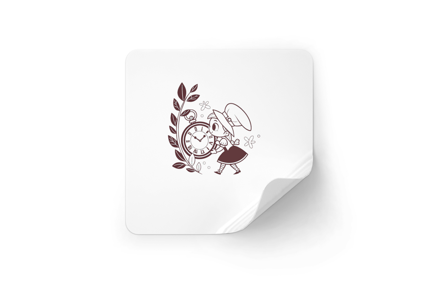Sticker rond minimaliste montrant une sorcière explorant une horloge nostalgique