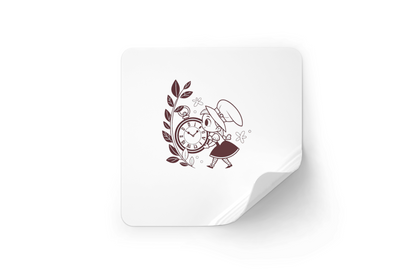 Sticker rond minimaliste montrant une sorcière explorant une horloge nostalgique