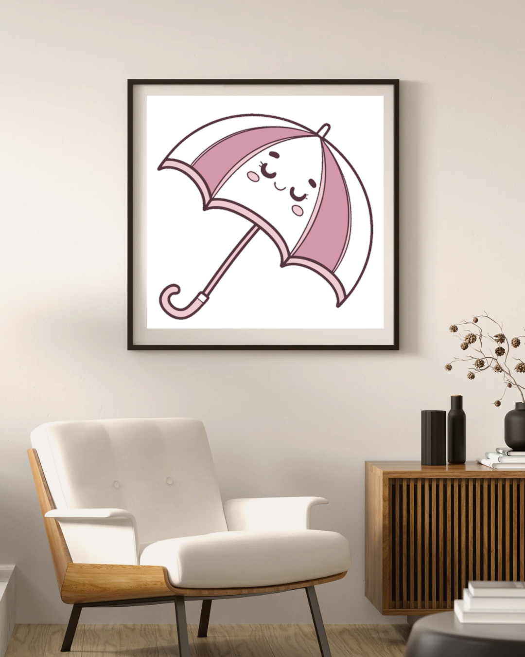 Cadre orné d'un parapluie kawaii enjoué dans un thème pluvieux coloré