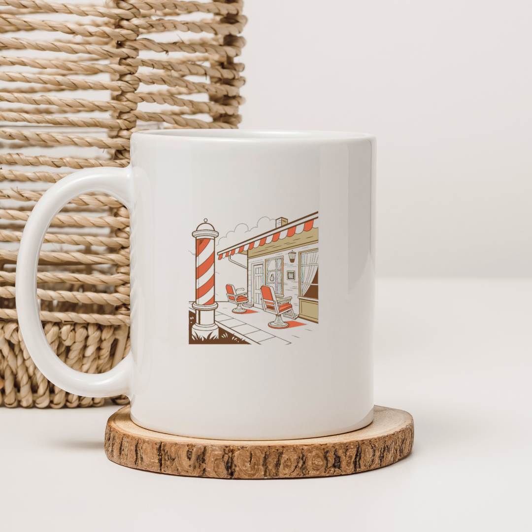Poster rétro de barber shop sur une tasse, idéal pour déco vintage et rétro.