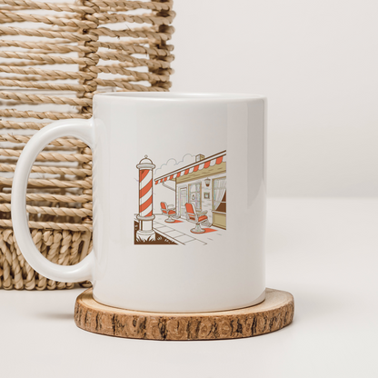 Poster rétro de barber shop sur une tasse, idéal pour déco vintage et rétro.