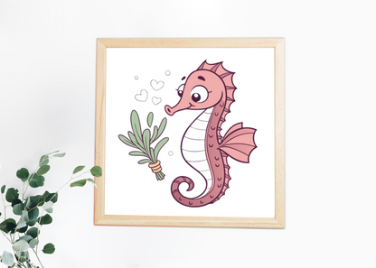 Cadre marin avec un hippocampe affectueux, illustration vectorielle douce