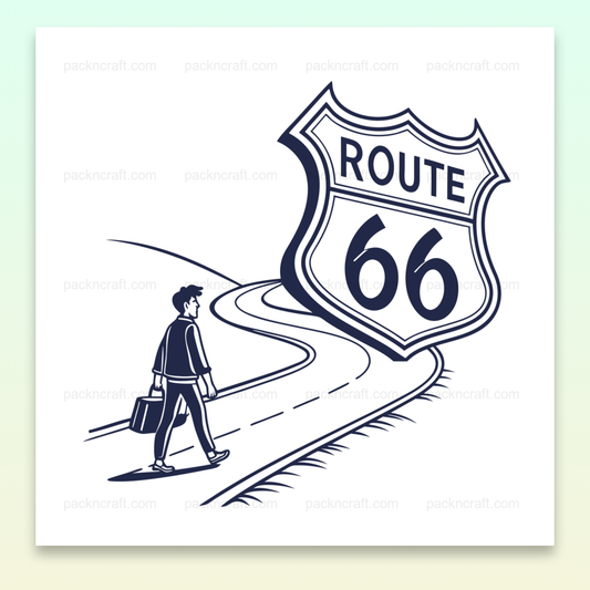 Design rétro Route 66 avec voyageur pour décors intérieurs et projets créatifs.