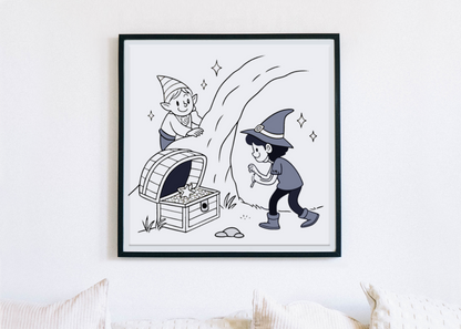 Cadre avec lutin joyeux découvrant un trésor dans un style esquisse enchantée
