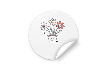 Sticker ludique avec dessin enfantin de fleurs en pot, parfait pour embellir vos objets